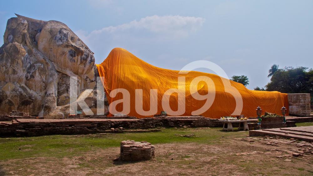 Outdoor reclining buddha statue in ayuttaya, Thailand
