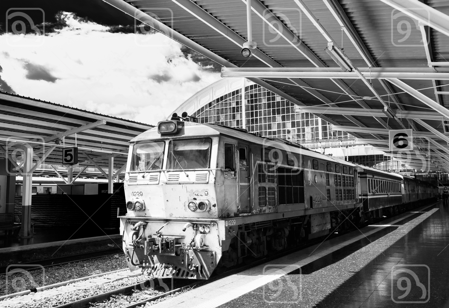 Train parking at platform in Hualampong station Bangkok Thailand with Black and white style 