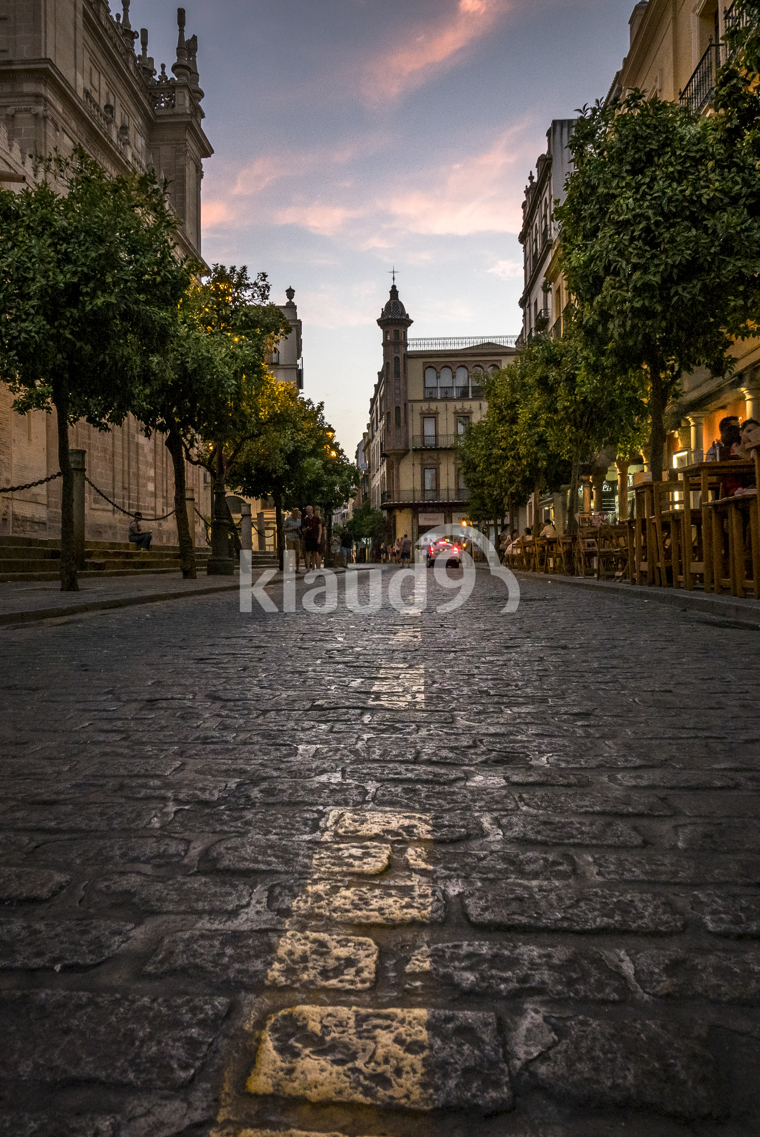 City with brick pavement street