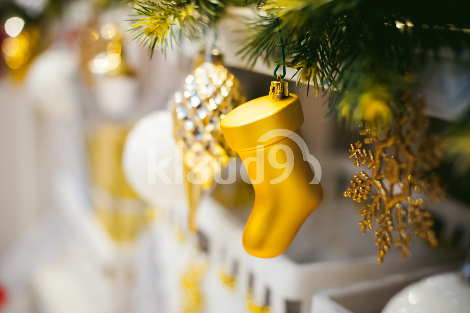 Christmas toys on a shelf in the store hanging
