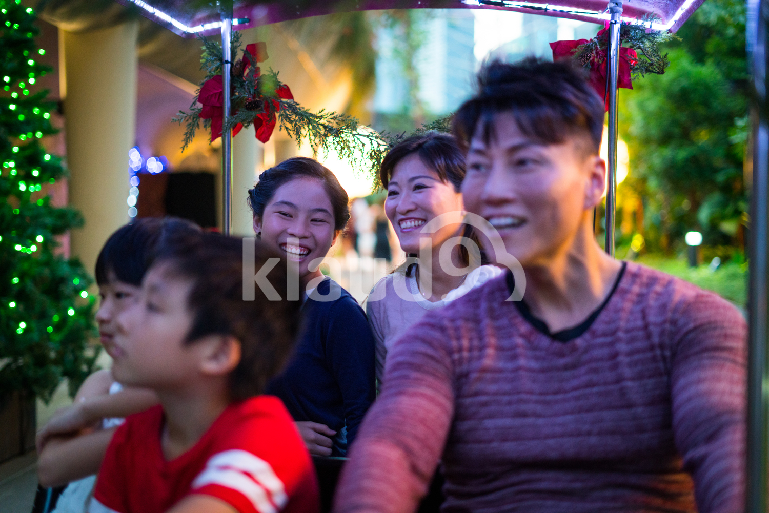 Family riding a Christmas train