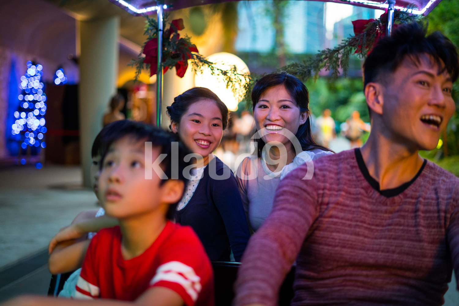 Family riding a Christmas train