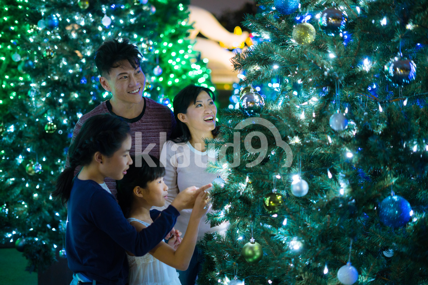 Family admiring Christmas tree