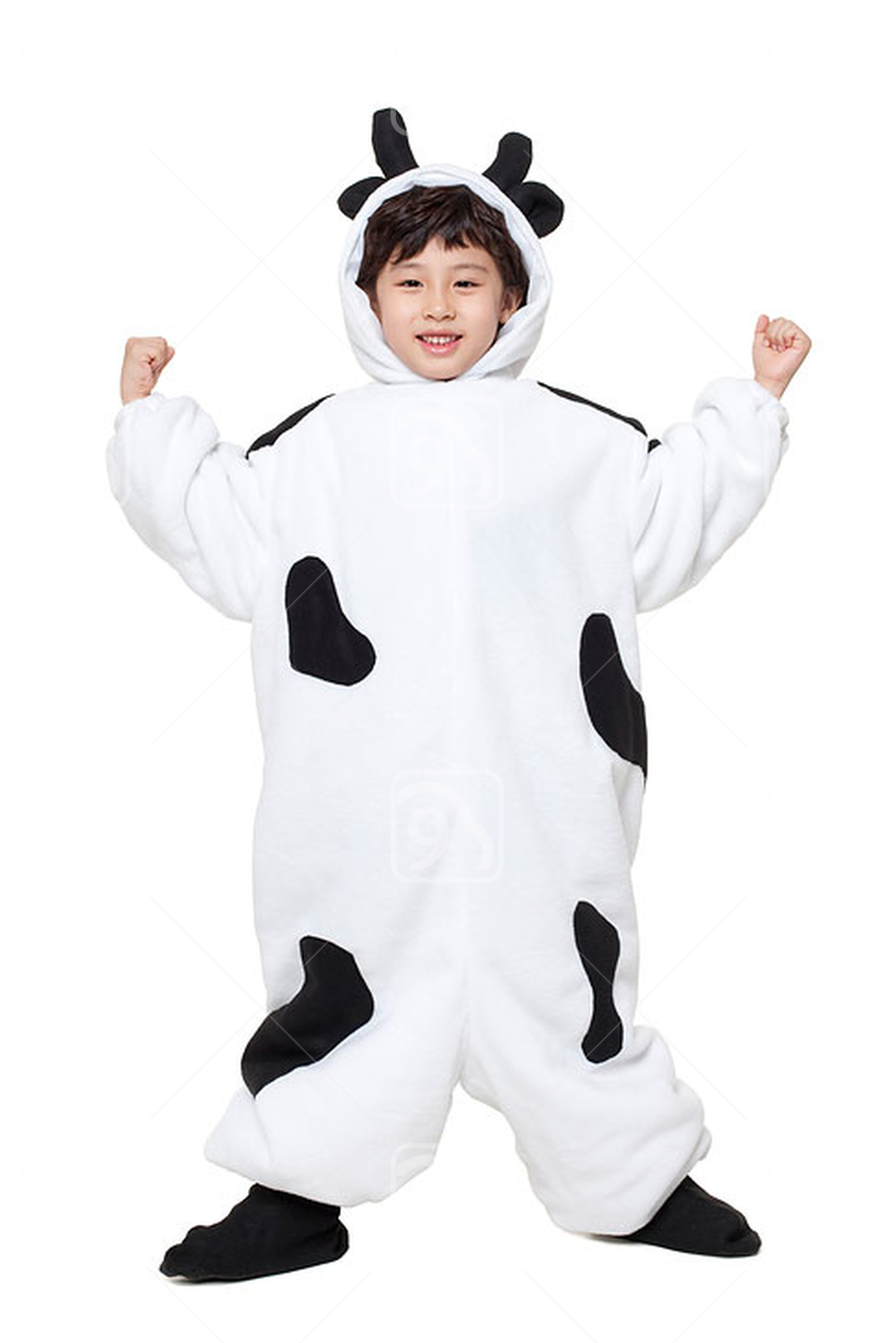 Cute Chinese boy in cow costume flexing his muscles 