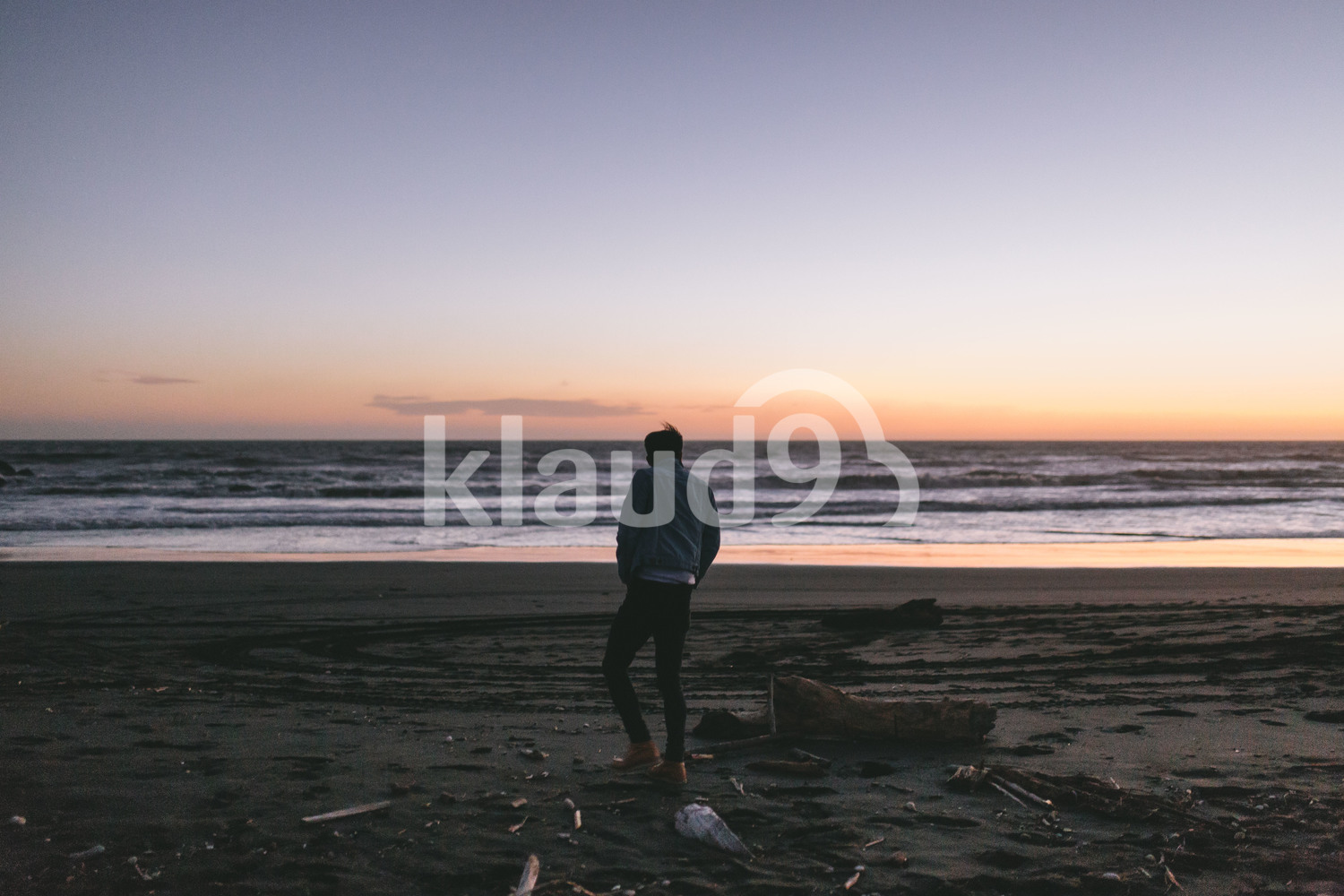 Back view of a young man strolling at a beach in New Zealand
