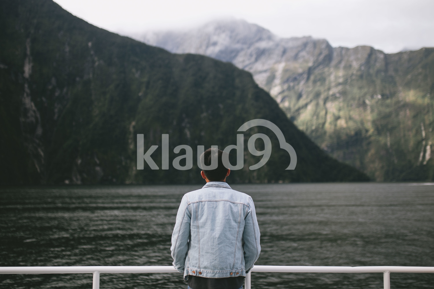 Back view of a young man taking in the scenery at Milford Sound, New Zealand