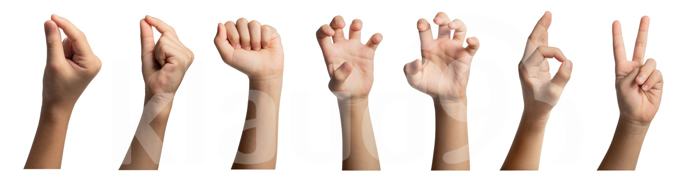 Isolated hand gestures and signals from Asian female child hand, multiple options. Includes clipping path.