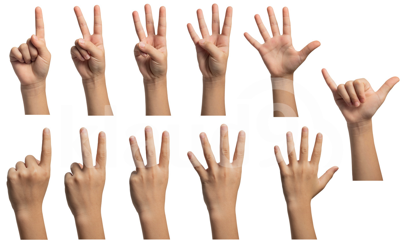 Isolated hand gestures and signals from Asian female child hand, multiple options. Includes clipping path.