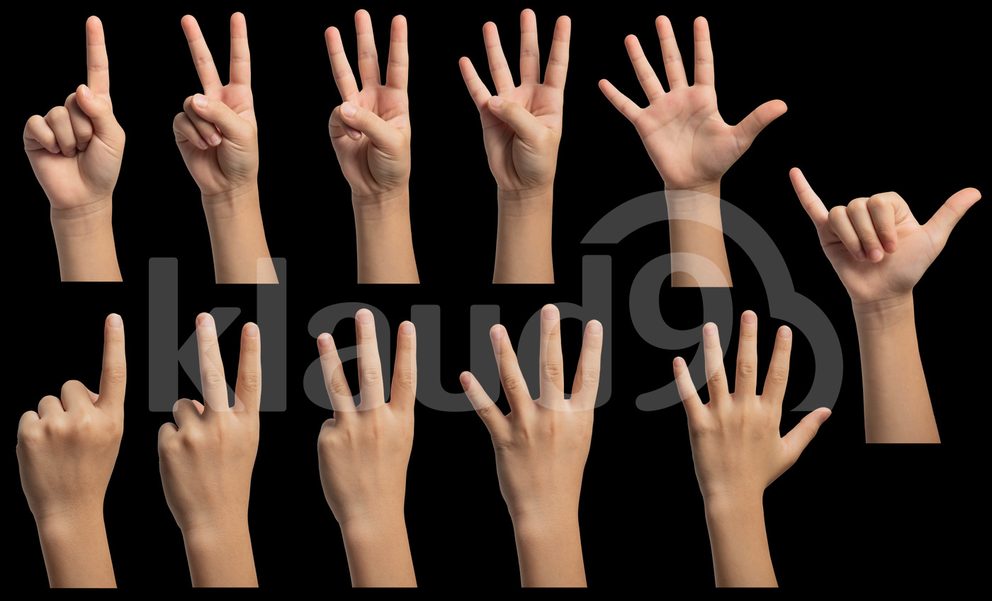 Isolated hand gestures and signals from Asian female child hand, multiple options. Includes clipping path.
