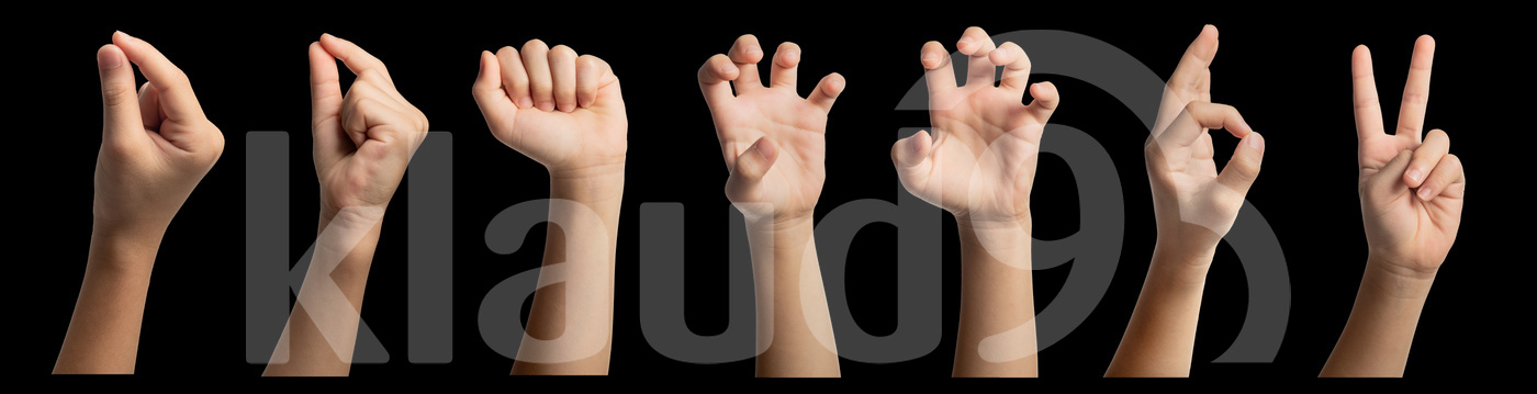 Isolated hand gestures and signals from Asian female child hand, multiple options. Includes clipping path.